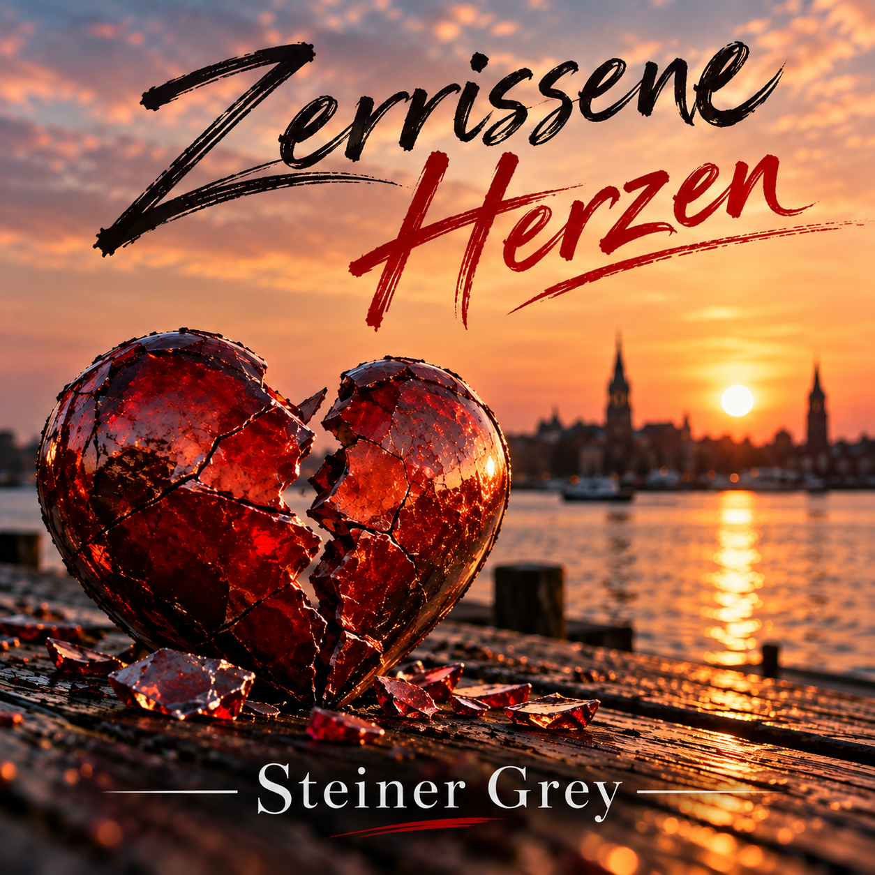 Cover von Zerrissene Herzen: ein zerbrochenes Herz vor einem Sonnenuntergang